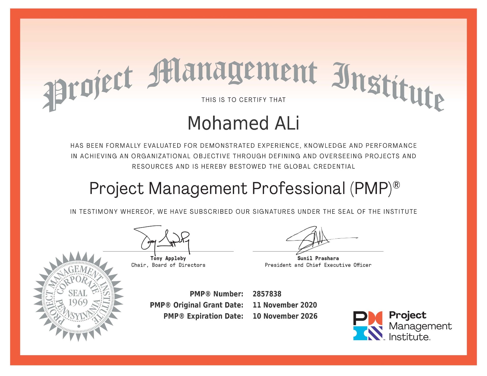 Project Management Professional (PMP®) certificate